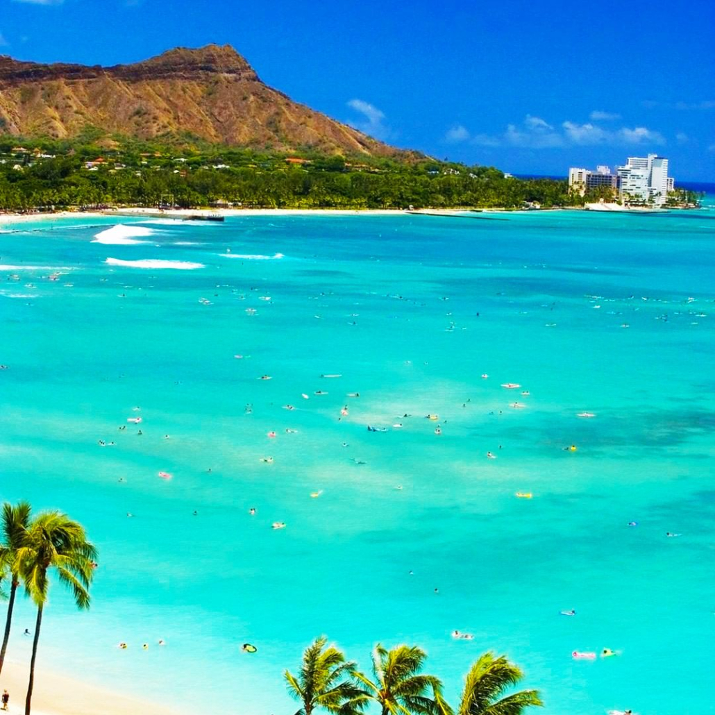 Waikiki Beach And Diamond Head Crater On The Hawaiian Island Of Oahu Blue Hawaiian Helicopters