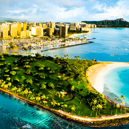 A Rainbow Helicopters Tour Flying Towards The Magic Island Lagoon And The Oahu Skyline With Diamond Head In The Background Product Images