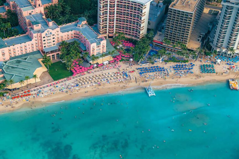 Rainbow Helicopters Flying Above The Waikiki Skyline And The Iconic Royal Hawaiian Hotel X Mini
